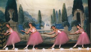 Members of the Detroit Ballet performing on the stage of the west side Dom Polski at the Oczepiny (Unveiling) event presented by the Piast Institute, in conjunction with the West Side Detroit Polish American Historical Society (under the auspices of the West Side Detroit Dom Polski Historical Society) (May 15, 2005). The garden scene backdrop is visible in the background.