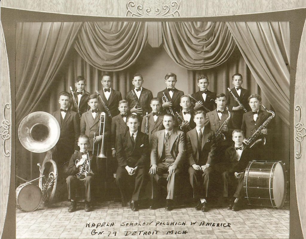 Nest 79 Kapela Sokołów Polskich w Ameryce (Polish Falcons Orchestra of America), 1938. Director: Eddie Gajec (front row, second from left); Assistant Director: Ted Gomulka (front row, second from right). The orchestra was organized in January 1937 under the direction of Dr. Andrzej Musial, Eddie Gajec, and others. Wally Gomulka, middle row, third from right; John Kobylarz, middle row, second from left; John Banicki, back row, second from right. Photo: Collection of Laurie A. Gomulka