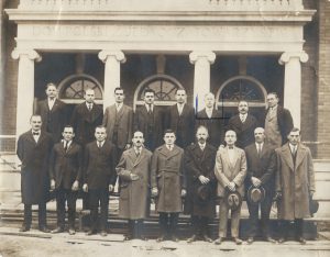 West Side Dom Polski exterior. Pictured: 17 members of one of the Dom Polski’s founding societies, each of whom donated $25.00 towards the construction of the Dom Polski (ca. 1925). Top, third from left: Jacob Bobowski; fourth from left: Mr. Juszczyk; fifth from left: Valenty Janiczek; sixth from left: Louis Jonik; Bottom row: fourth from left: Mr. Ruchin; fifth from left: Joe Potzeba; sixth from left: Albert Sajdak.