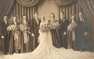 Wedding Portrait of Stanley (“Chip”) Cipkowski and Leona (Gomulka) Cipkowski (September 11, 1937). Sophia Gomulka, third from left; Ted Gomulka, third from right. (Photo: Mazur Studio, Michigan Ave. near Central, Detroit)