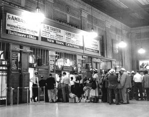 Michigan Central Station passengers waiting at gate, ca. 1945