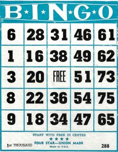 An image of a vintage bingo card from the Pvt. John Lyskawa V.F.W. Post No. 7546 in Dearborn Hts., ca. 1946. WSDPAHS archives, courtesy of the Lyskawa family