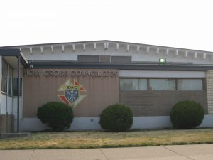 Holy Cross Council No. 2739 Knights of Columbus Hall at 4381 Larkins Street, south of Michigan Avenue, now permanently closed as of approximately 2020. Photo: Laurie A. Gomulka, June 29, 2012