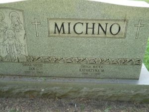 The grave marker of Jan C. (1892 – 1969) Michno and Katarzyna M. Michno (1896 – 1992) at Holy Cross Cemetery in Southwest Detroit.