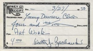 Art work receipt for the May 21, 1950, Artie Shaw dance, March 27, 1950