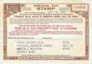 Liquor tax receipt, Young Dancers Club, September 30, 1950