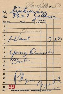 Vase receipt for the May 21, 1950, Artie Shaw dance, March 20, 1950