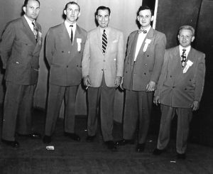 Artie Shaw (center) with (left to right) Edward (“Rabbi”) Zajac, Edward (“Whitey”) Lecznar, (Artie), Stephen Kowalski, and Louis C. Miriani (President of the Detroit City Council), at a May 21, 1950, at the Ukrainian National Temple on Detroit’s west side sponsored by the Young Dancers Club. The club held at least 12 dances in the nearly 15 years of its existence.